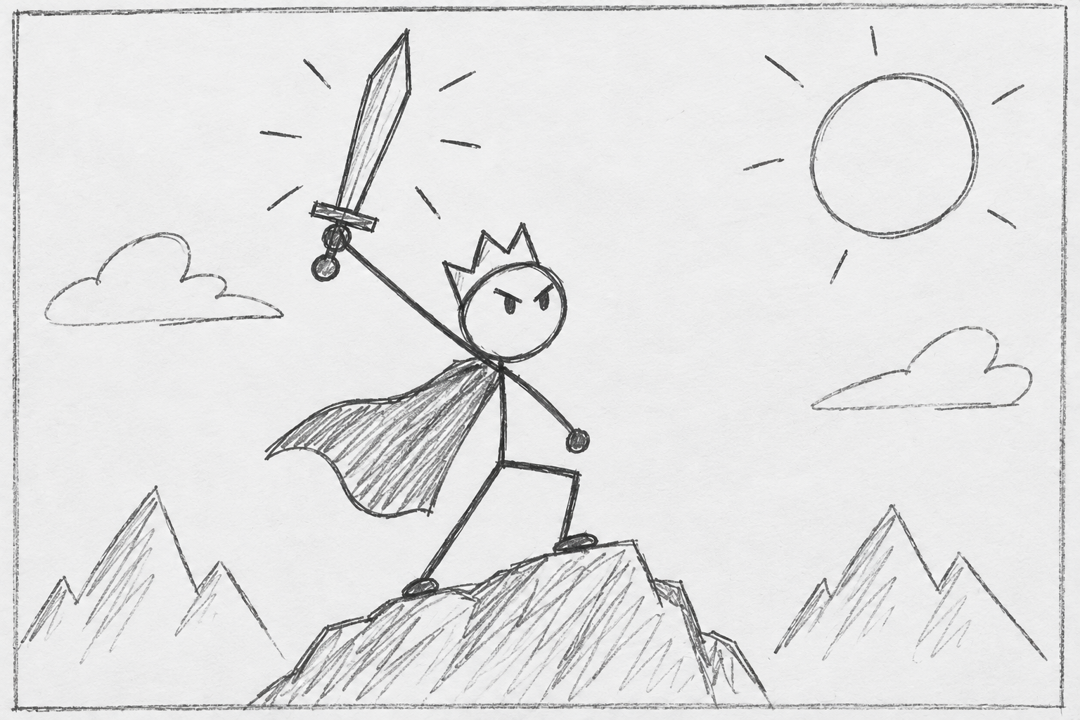 Example pencil sketch of a crowned stick-figure hero with a cape and sword